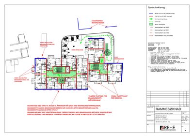 Tegning som viser brannsikringstiltak, inkludert plassering av brannvegger (rødt), brannvinduer og branngardiner (grønt) i etasjeplan.