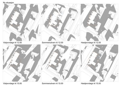 Situasjonsplaner som viser bygningens plassering i forhold til nabolaget, med solanalyser for ulike tidspunkter (vår, sommer, høst) og klokkeslett.