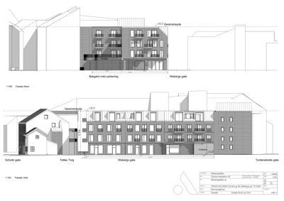 Bildet viser to fasadetegninger (Fasade Nord og Fasade Vest) av en planlagt bygning med mål og gatenummer.
