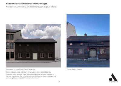 Bildet viser en side fra et dokument som sammenligner en illustrasjon av et forslag (venstre) med et fotografi av dagens situasjon (høyre). Begge bildene er fotografier/visualiseringer av bygninger.