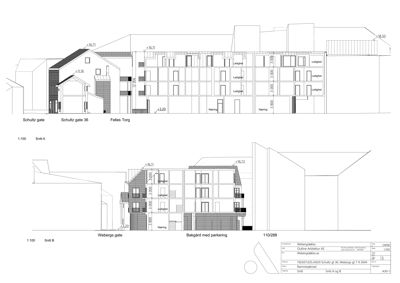 Tegning som viser tverrsnitt gjennom en bygning (Snitt A og B), inkludert høyder, romfordeling og fasadeelementer.