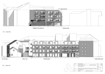 Bildet viser fasadetegninger for en bygning, inkludert 'Fasade Nord' og 'Fasade Vest', med mål og gatenummering.