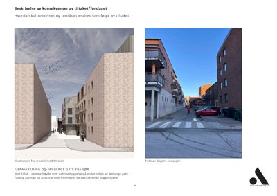 Bildet viser en side med to bilder: en 3D-visualisering (rendering) av et forslag til nybygg og et fotografi av dagens situasjon i gatet.