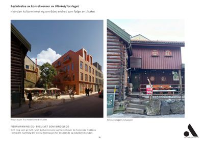 Bildet inneholder to fotografier: en illustrasjon av et forslag til bygning og et foto av dagens situasjon. Begge er fotografier.