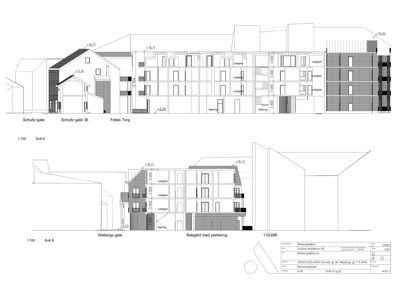 Snittegning (Snitt A og B) som viser tverrsnittet av en bygning med høydeangivelser og romfordeling.