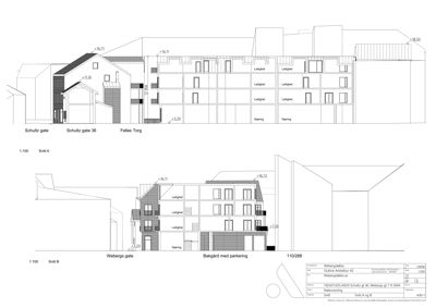 Snittegning (Snitt A og B) som viser bygningens tverrsnitt, høyder, romfordeling og forhold til omgivelsene.