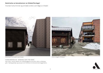 Bildet viser en side med to bilder: en 3D-visualisering (rendering) av et forslag til nybygging og et fotografi av dagens situasjon. Begge bildene er relevante for å illustrere konsekvenser av tiltaket.