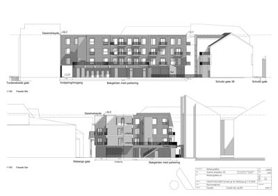 Fasadetegning som viser bygningens utseende sett fra to ulike vinkler (Sør og Øst), inkludert detaljer om vinduer, materialer og høyder.