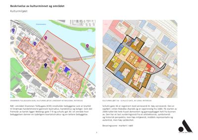 Bildet viser to kart som illustrerer kulturmiljøer i Drammen (Tollbugata og Schultz Gate) med overlagte arealer for bebyggelse, verneverdier og bevaringssoner.
