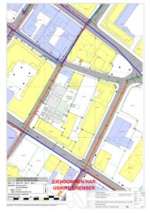 Situasjonsplan for byggesak som viser eiendomsgrenser, naboeiendommer og infrastruktur.