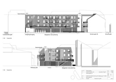 Fasadetegning som viser bygningens utseende sett fra to ulike vinkler (Øst og Sør), inkludert detaljer om vinduer, balkonger og materialer.