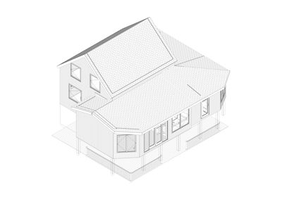 En 3D-wireframe visualisering (linjetegning) av en toetasjes bolig sett fra et isometrisk perspektiv.