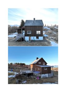 Fotografi av en eksisterende hytte sett fra to ulike vinkler (for- og bakside).