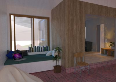 3D-visualisering av et interiør med en soveplass ved vinduet, en stue i bakgrunnen og detaljer som møbler og planlegging.