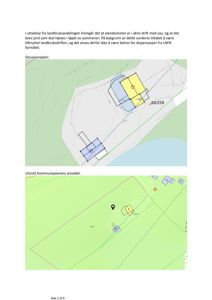 Bildet viser to kartutsnitt: øverst en situasjonsplan med bygningers plassering på tomten, og nederst et utsnitt fra kommuneplanens arealdel som viser arealbruksinndeling.