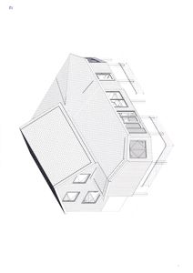 En tegning som viser fasaden til en bygning sett fra en vinkel (perspektiv). Tegningen illustrerer takform, vinduoppsett og fasadets geometri.