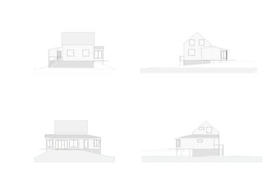 Bildet viser fire fasadetegninger (opprikk) av en bygning sett fra ulike vinkler.
