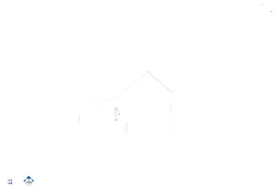 Et oppriss (fasetegning) av en bygning sett fra siden, med en liten figur for å vise skala.