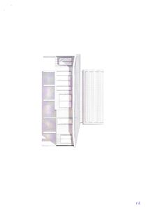 Snittegning som viser tverrsnitt gjennom en bygning med flere etasjer, vinduer og en utvendig fasade.