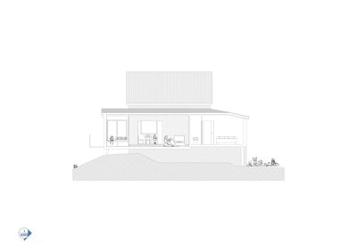 Snittegning som viser bygningens tverrsnitt, inkludert innvendig romfordeling, møblering og grunnforhold.