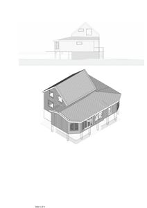Bildet viser en 3D-visualisering (rendering) av en bygning sett fra en vinkel, samt en 2D-fasadeopprikk over. Det illustrerer fasade, takform og volum.