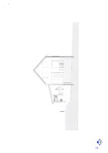 Snittegning som viser bygningens tverrsnitt, romfordeling og konstruksjon.