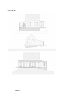 Fasadetegninger som viser tre ulike sider av en bygning sett fra utsiden.