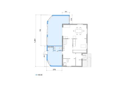 Etasjeplan med romfordeling, dimensjoner og arealoppdeling (A=49.40).