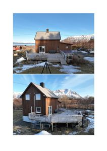 Fotografier av en eksisterende eller ferdigstilt hytte sett fra to ulike vinkler.