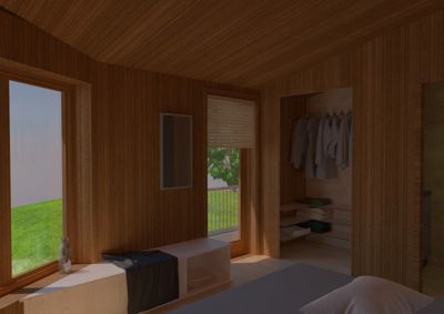 3D-visualisering av et soverom med innredning, vinduer og garderobe.