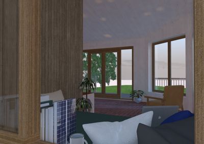 3D-visualisering av et interiør med utsikt mot en terrasse og hage.