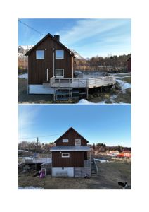 Fotografier av en ferdig eller nesten ferdig bygning sett fra utsiden. Bildene viser fasaden, terrassen og omgivelsene.