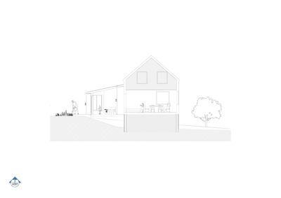 Snittegning som viser bygningens tverrsnitt, høyder, grunnkonstruksjon og innredning.