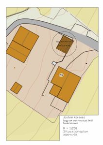 Situasjonsplan som viser tomtens beliggenhet, nabolag, veier og topografi. Tegningen er datert 2026-01-05 og er tegnet av Jostein Korsnes.