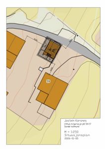 Situasjonsplan som viser tomtens beliggenhet, nabolag, veier og topografi.