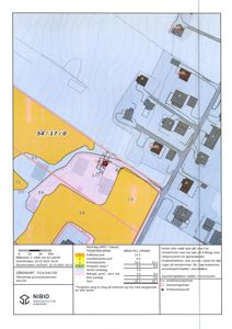 Gårdsplan (markskart) som viser eiendomsdata, arealstatistikk og markslag for eiendommen 54/17/0.