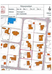 Situasjonskart som viser eiendomsnummer, adresse (Grasvegen 4, Ålesund), nabolag, veier og bygningsplasseringer.