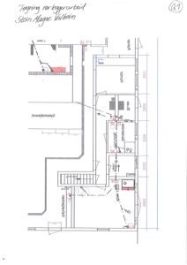 Etasjeplan (eller rørgjererarbeid-plan) som viser romfordeling, dimensjoner og plassering av installasjoner i et bygg.