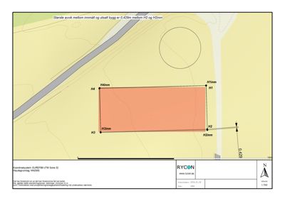 Situasjonsplan som viser tomtens form, grenser (H1-H4), nabolag og innmålinger.