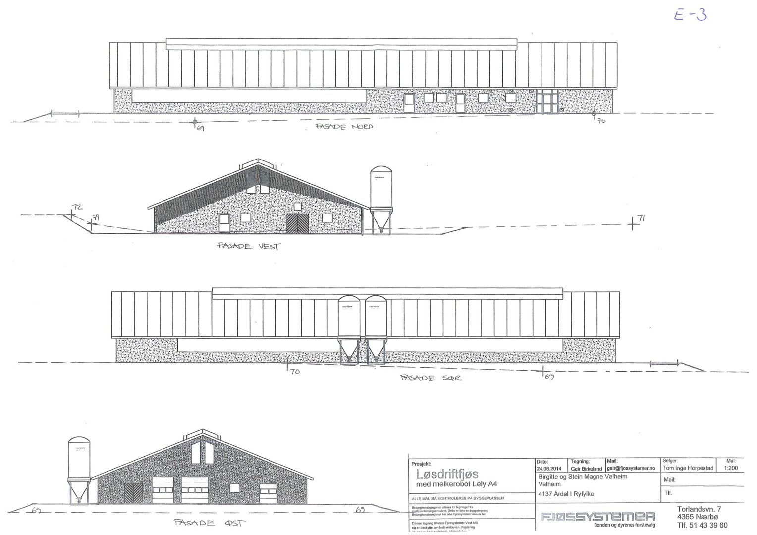 Fasadetegning som viser bygningens utsyn fra fire ulike sider (Nord, Vest, Sør og Øst).