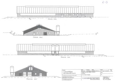 Fasadetegning som viser bygningens utsyn fra fire ulike sider (Nord, Vest, Sør og Øst).