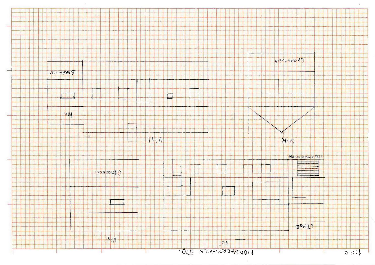 Bildet viser en håndtegnet fasadetegning (opprikk) av en bygning sett fra fire sider: Vest, Nordøst, Sør og Øst. Tegningen er tegnet på miller-papir.