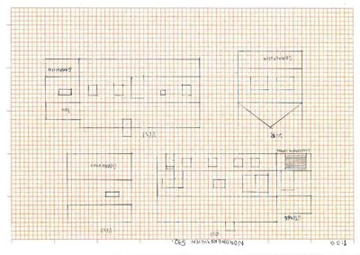 Bildet viser en håndtegnet fasadetegning (opprikk) av en bygning sett fra fire sider: Vest, Nordøst, Sør og Øst. Tegningen er tegnet på miller-papir.