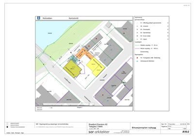 Situasjonsplan som viser tomtens grenser, naboeiendommer, bygningers plassering og høydeplaner.
