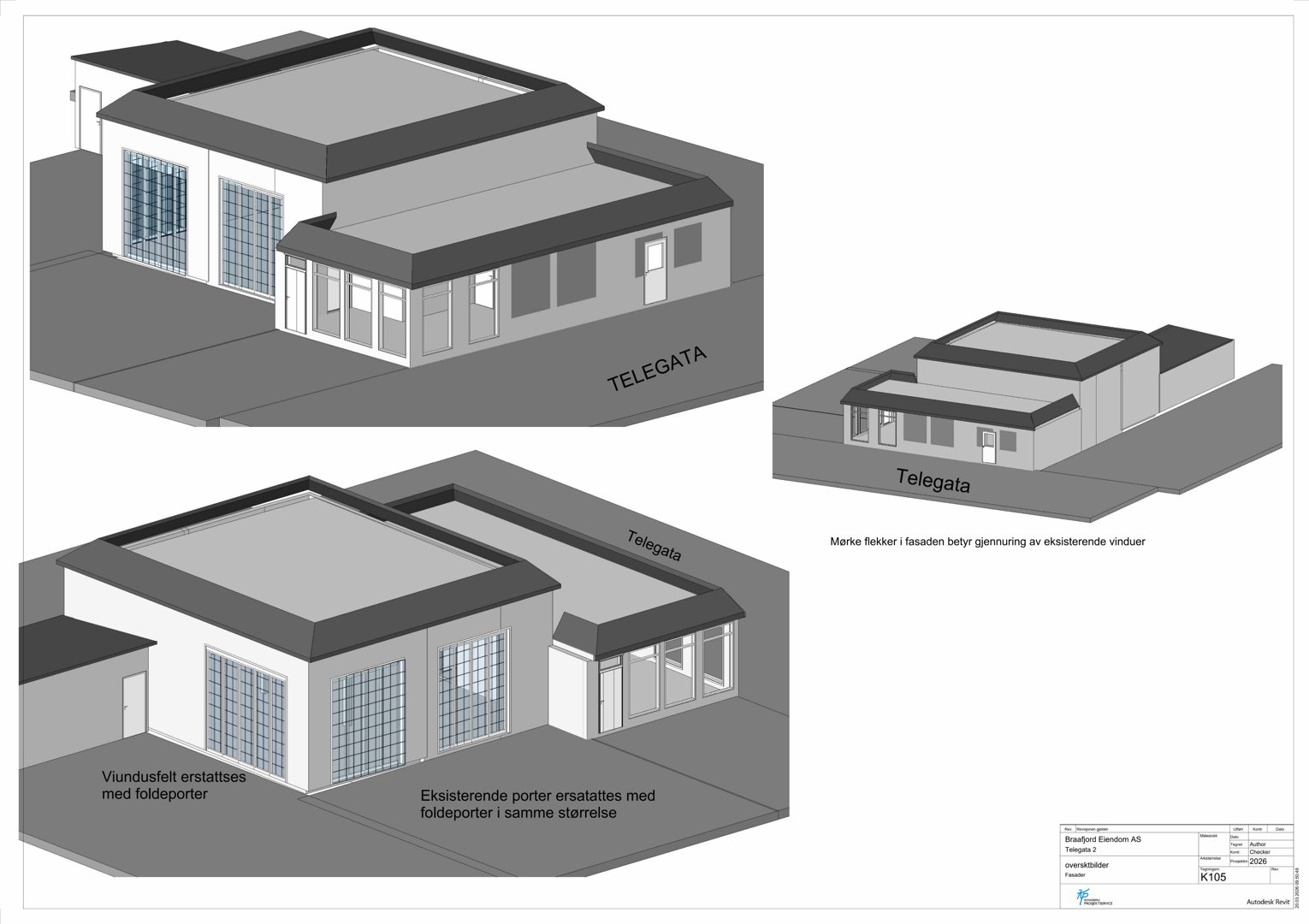 3D-visualisering av en bygning med merknader om endringer på fasaden.