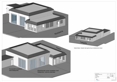 3D-visualisering av en bygning med merknader om endringer på fasaden.
