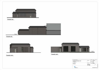 Bildet viser fire fasadetegninger (sør, øst, nord, vest) av en bygning med merking av 'Tveggata'.