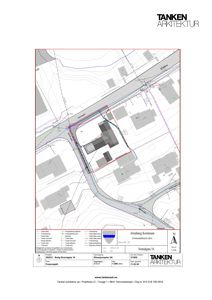 Situasjonsplan som viser tomt, bygninger, vegnett og kommunale ledninger for prosjektet 'Bølg Strandgata 16'.