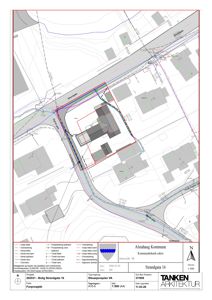 Situasjonsplan som viser bygningens plassering i forhold til omgivelsene, inkludert veier, vannledninger og andre infrastruktur.