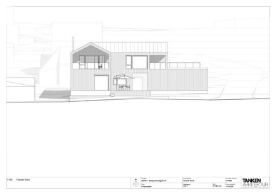 Fasadetegning (opprikk) av en bygning sett fra nord.